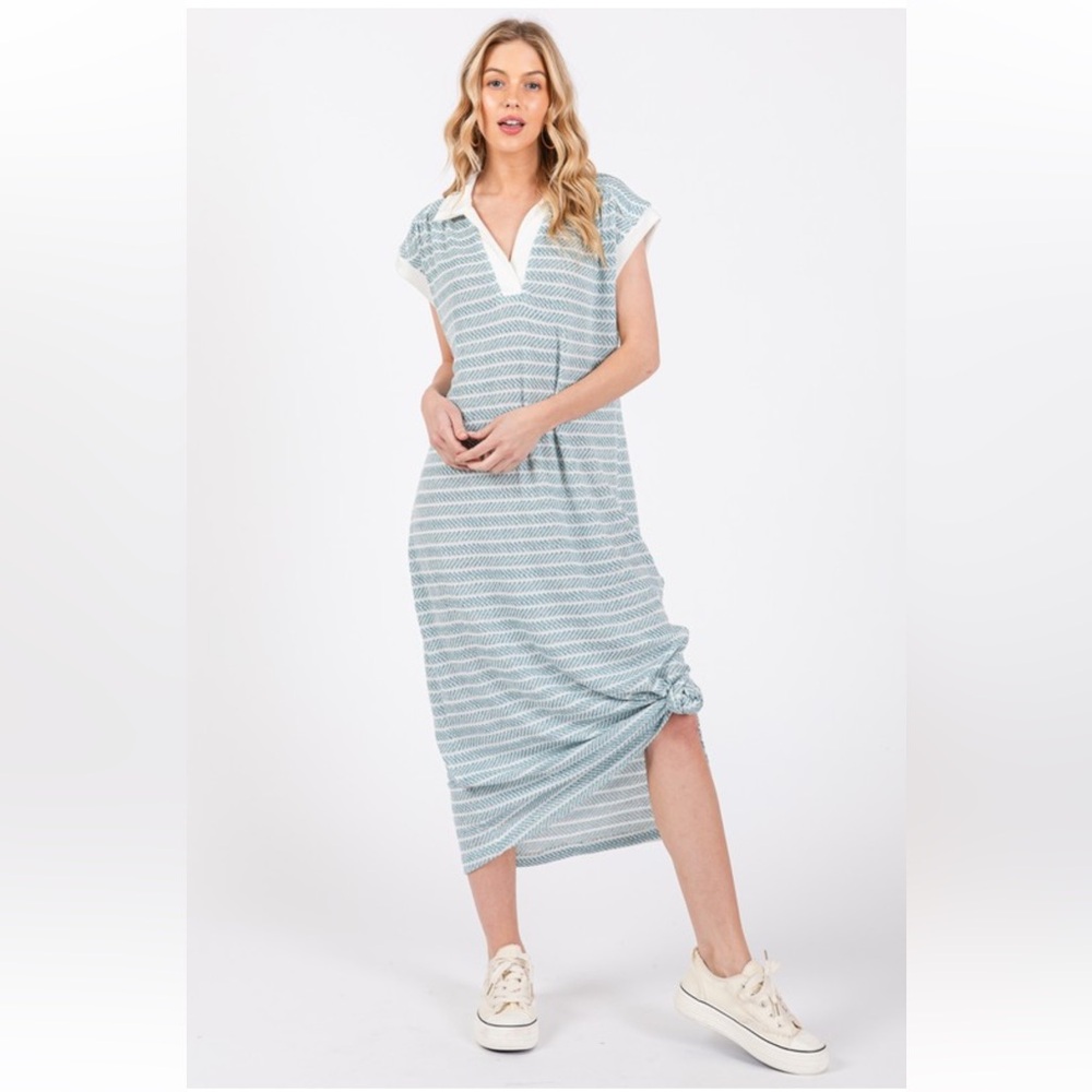 Fabulous Knit Striped Collared V-neck Dress